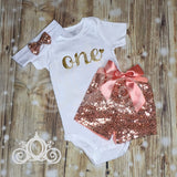 ONE Bodysuit w Rose Gold Sequin Shorts, Girls First Birthday Outfit