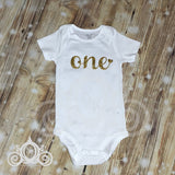 ONE Bodysuit w Rose Gold Sequin Shorts, Girls First Birthday Outfit