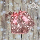 ONE Bodysuit w Rose Gold Sequin Shorts, Girls First Birthday Outfit