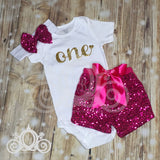 ONE Onesie w Hot Pink Sequin Shorts First Birthday Set