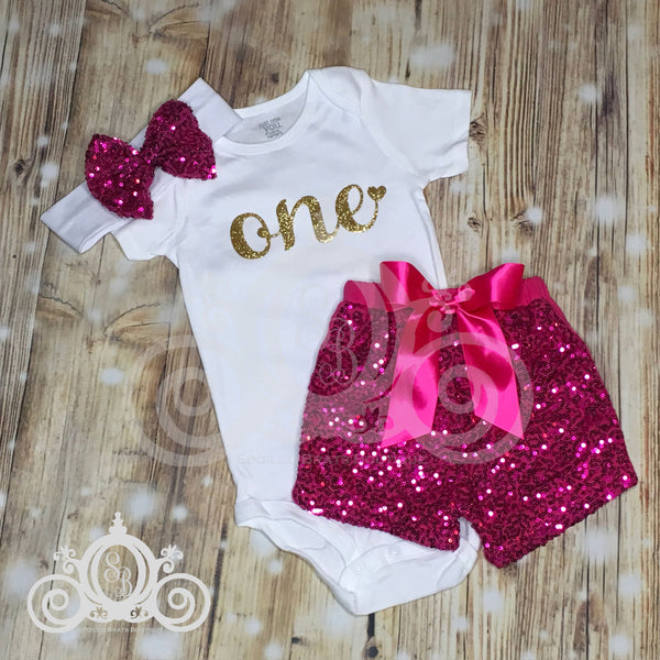 ONE Onesie w Hot Pink Sequin Shorts First Birthday Set