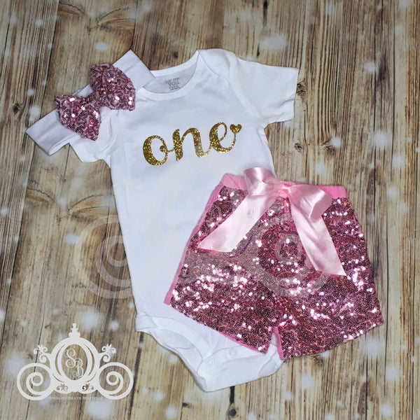 ONE Bodysuit w Light Pink Sequin Shorts, Girls First Birthday Outfit