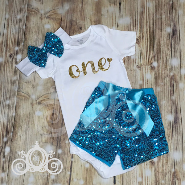 ONE Bodysuit w Turquoise Aqua Blue Sequin Shorts, Girls First Birthday Outfit