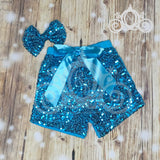 ONE Bodysuit w Turquoise Aqua Blue Sequin Shorts, Girls First Birthday Outfit