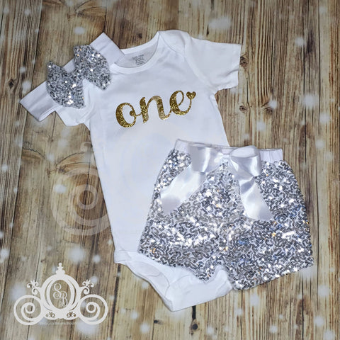 ONE Bodysuit w Silver Sequin Shorts, Girls First Birthday Outfit