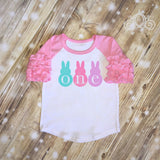 ONE Peeps Easter Bunny Birthday, Bodysuit Ruffle Raglan Tee w Light Pink Sequin Shorts, Girls First Birthday Set