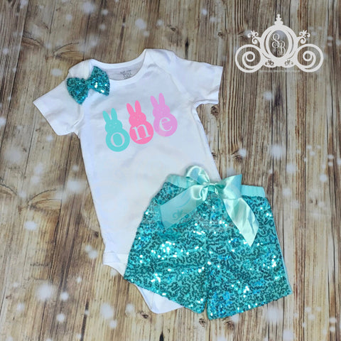 ONE Peeps Easter Bunny Birthday, Bodysuit Ruffle Raglan Tee w Aqua Sequin Shorts, Girls First Birthday Set