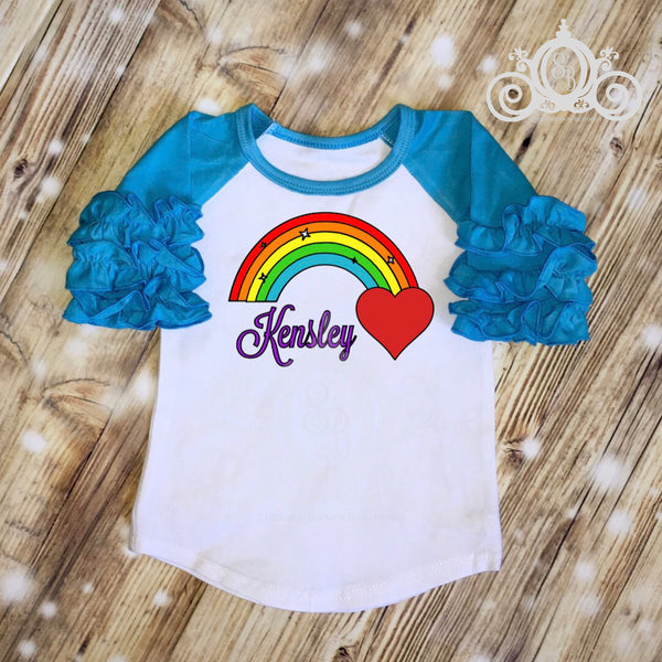 Rainbows & Hearts Personalized Ruffle Raglan Shirt Girl Birthday Gift Toddler Shirt