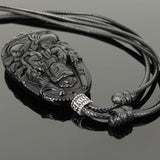 Men's Women Adjustable Necklace Black Obsidian Pendant 925 Sterling Silver OM Spacer with Wax Rope DiyNotion NK186