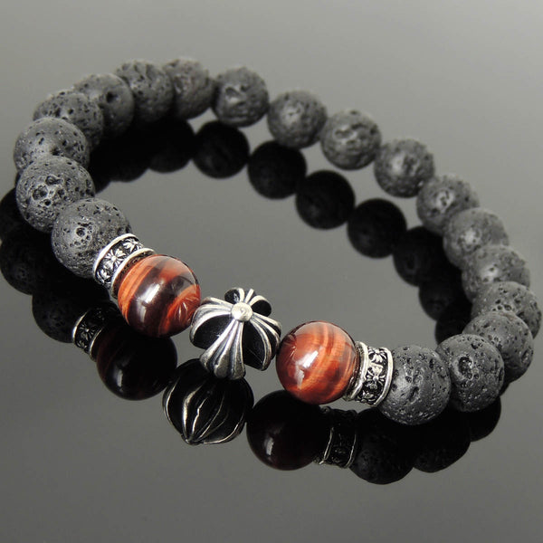 Men's Women Natural Lava Rock Red Tiger Eye Bracelet 925 Sterling Silver Cross Bead & Spacers DiyNotion BR1103