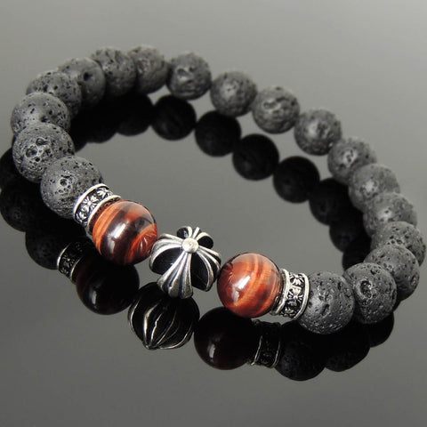 Men's Women Natural Lava Rock Red Tiger Eye Bracelet 925 Sterling Silver Cross Bead & Spacers DiyNotion BR1103
