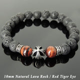 Men's Women Natural Lava Rock Red Tiger Eye Bracelet 925 Sterling Silver Cross Bead & Spacers DiyNotion BR1103