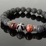 Men's Women Natural Lava Rock Red Tiger Eye Bracelet 925 Sterling Silver Cross Bead & Spacers DiyNotion BR1103