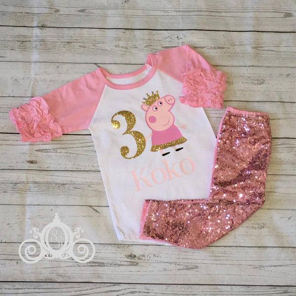 Peppa Pig Birthday Shirt, Ruffle Raglan with Sequin Pants, Personalized Monogram with Glitter Name and Age