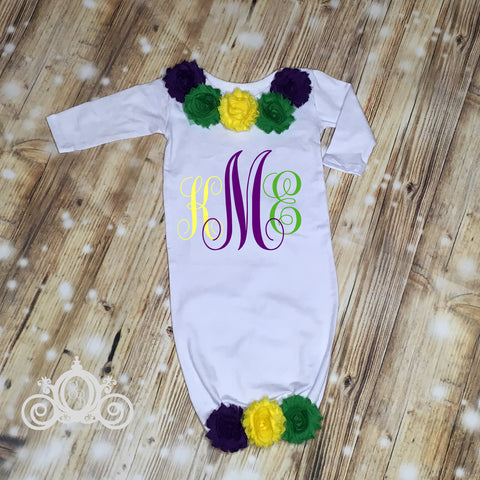 Mardi Gras Baby Gown w Floral Accents