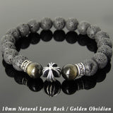 Men's Women Natural Lava Rock Golden Obsidian Bracelet 925 Sterling Silver Cross Bead & Spacers DiyNotion BR1104