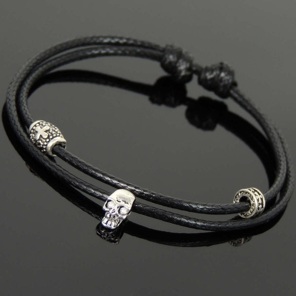 Men's Women Adjustable Braided Bracelet 925 Sterling Silver Skull Bead Cross Spacer DiyNotion Handmade BR1105