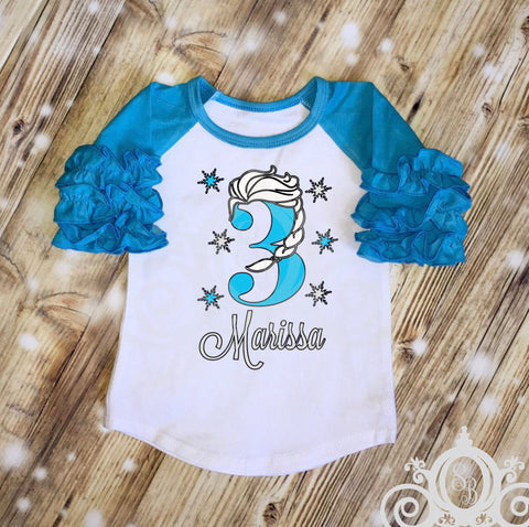 Elsa Braid Frozen Birthday Shirt | Ruffle Raglan Personalized w Name & Age