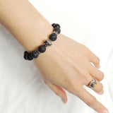 Men's Women Natural Matte Black Onyx Lava Rock Bracelet 925 Sterling Silver Cross Bead & Spacers DiyNotion BR1107
