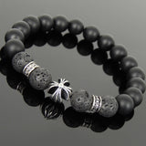 Men's Women Natural Matte Black Onyx Lava Rock Bracelet 925 Sterling Silver Cross Bead & Spacers DiyNotion BR1107