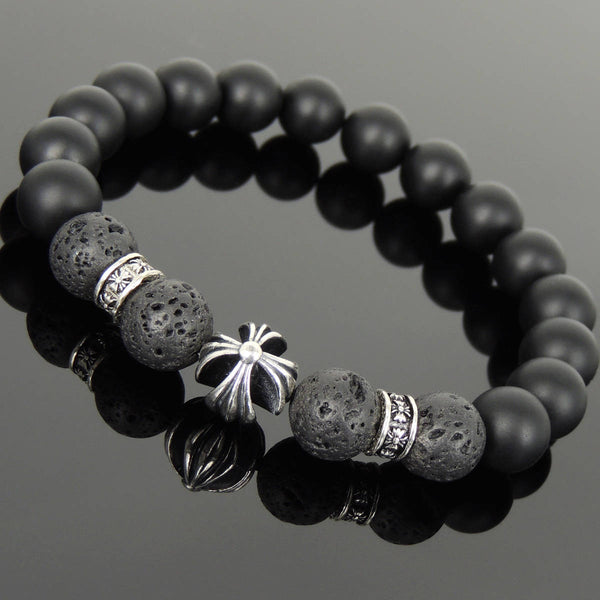 Men's Women Natural Matte Black Onyx Lava Rock Bracelet 925 Sterling Silver Cross Bead & Spacers DiyNotion BR1107