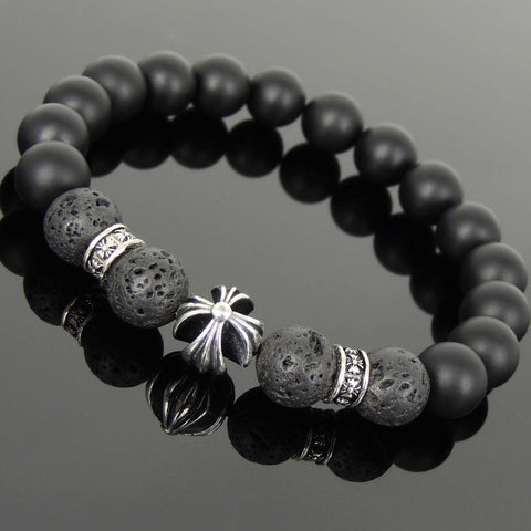 Men's Women Natural Matte Black Onyx Lava Rock Bracelet 925 Sterling Silver Cross Bead & Spacers DiyNotion BR1107