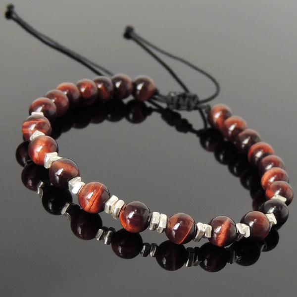 Men's Women Red Tiger Eye Adjustable Braided Bracelet 925 Sterling Silver Nugget Beads from Thailand DiyNotion BR1108