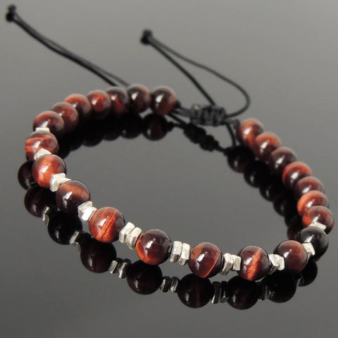 Men's Women Red Tiger Eye Adjustable Braided Bracelet 925 Sterling Silver Nugget Beads from Thailand DiyNotion BR1108