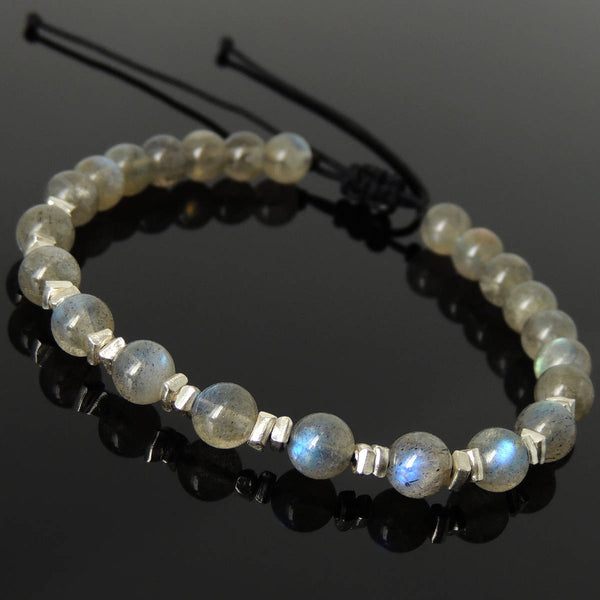 Men's Women Flashing Labradorite Adjustable Braided Bracelet 925 Sterling Silver Nugget Beads from Thailand DiyNotion BR1110