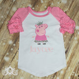 Peppa Pig Birthday Shirt, Ruffle Raglan with Sequin Pants, Personalized Monogram with Glitter Name and Age