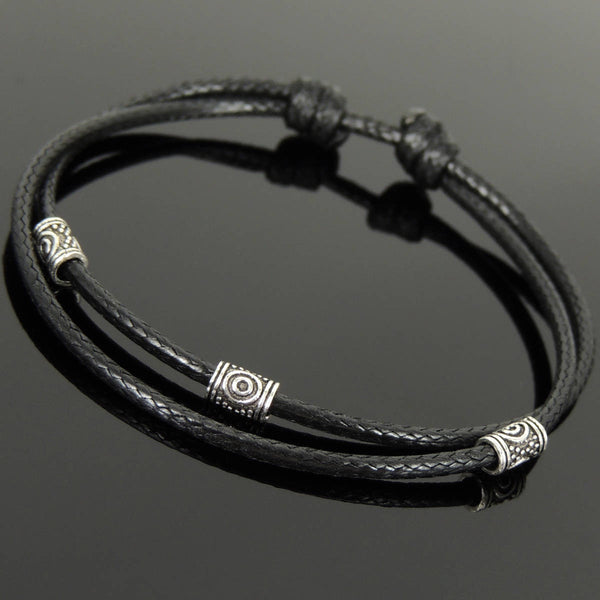 Men's Women Adjustable Braided Bracelet 925 Sterling Silver Barrel Beads DiyNotion Handmade BR1113