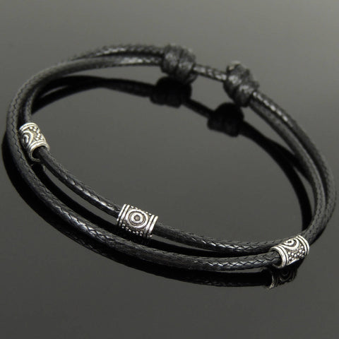 Men's Women Adjustable Braided Bracelet 925 Sterling Silver Barrel Beads DiyNotion Handmade BR1113