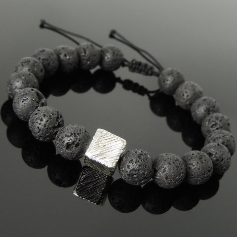 Men's Women Lava Rock Adjustable Braided Bracelet 925 Sterling Silver Cube Bead DiyNotion BR1053