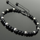 Men's Women Matte Black Onyx Adjustable Braided Bracelet 925 Sterling Silver Beads DiyNotion BR1054