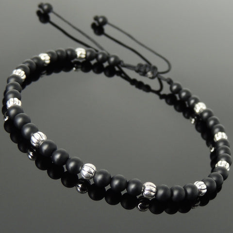 Men's Women Matte Black Onyx Adjustable Braided Bracelet 925 Sterling Silver Beads DiyNotion BR1054