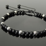 Men's Women Matte Black Onyx Adjustable Braided Bracelet 925 Sterling Silver Beads DiyNotion BR1054