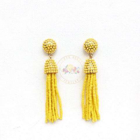 Long Beaded Tassel Earrings Yellow, Gold Dangle Statement Earrings, Long Tassel Earrings, Long Dangle Earrings, Gift for Her, Gold Earrings