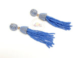 Long Beaded Tassel Earrings Blue, Gold Dangle Statement Earrings, Long Tassel Earrings, Long Dangle Earrings, Gift for Her, Gold Earrings