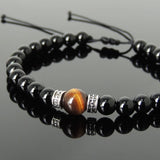 Men's Women Bright Black Onyx Brown Tiger Eye Adjustable Braided Bracelet 925 Sterling Silver Cross Spacers DiyNotion BR1116