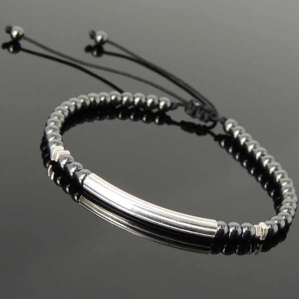 Men's Women 4mm Hematite Small Beads Adjustable Braided Bracelet 925 Sterling Silver Charm Nugget Beads DiyNotion BR1117