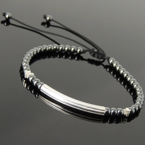 Men's Women 4mm Hematite Small Beads Adjustable Braided Bracelet 925 Sterling Silver Charm Nugget Beads DiyNotion BR1117
