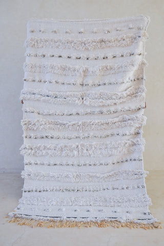 HANDIRA. Vintage Moroccan Rug. Wool Wedding Quilt Blanket. Tribal Sequins + Modern Design.