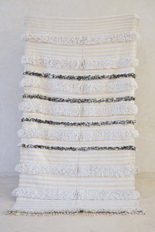 HANDIRA. Vintage Moroccan Rug. Wool Wedding Quilt Blanket. Tribal Sequins + Modern Design.