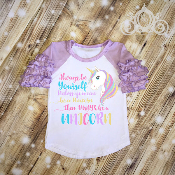 OOOPS! Always Be Yourself Unicorn Custom Ruffle Raglan Personalized Shirt Girl Baby Toddler Shirt