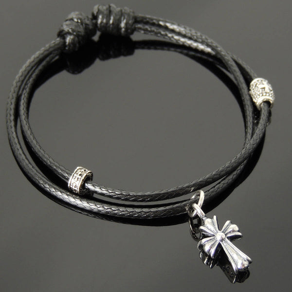 Men's Women Adjustable Braided Bracelet 925 Sterling Silver Cross Pendant Beads & Spacer DiyNotion Handmade BR1118