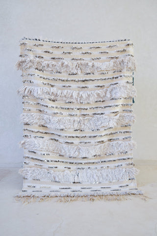 HANDIRA. Vintage Moroccan Rug. Wool Wedding Quilt Blanket. Tribal Sequins + Modern Design.