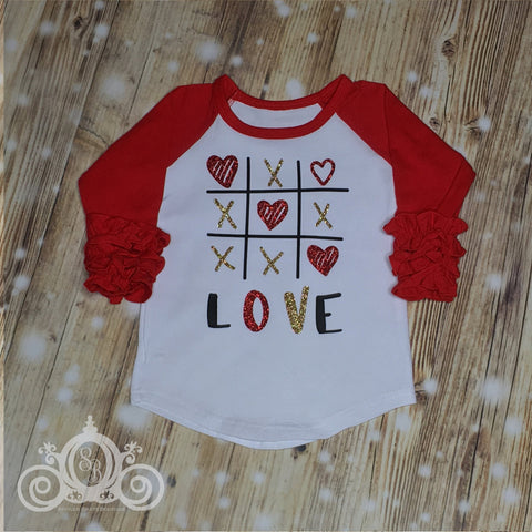 Tic Tac Toe Love Valentine Custom Ruffle Raglan Personalized Shirt Girl Baby Toddler Shirt