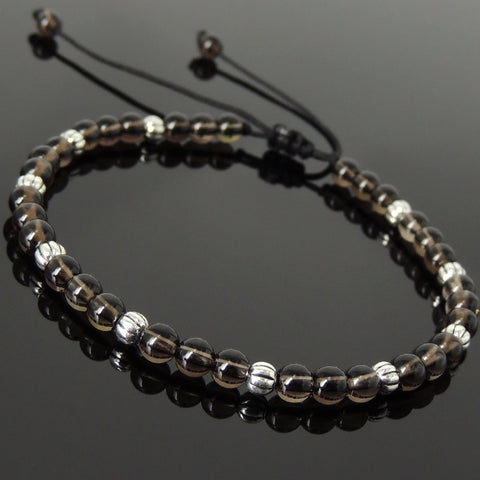 Men's Women Smoky Quartz Adjustable Braided Bracelet 925 Sterling Silver Beads DiyNotion BR1056