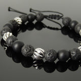 Men's Women Lava Rock Matte Black Onyx Adjustable Braided Bracelet 925 Sterling Silver Beads DiyNotion BR1058