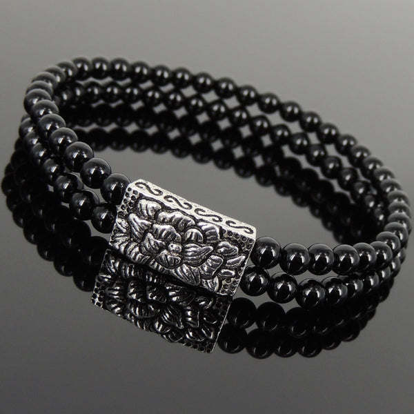 Men's Women Bright Black Onyx Protection Double-wrap Bracelet 925 Sterling Silver Lotus Charm DiyNotion BR864